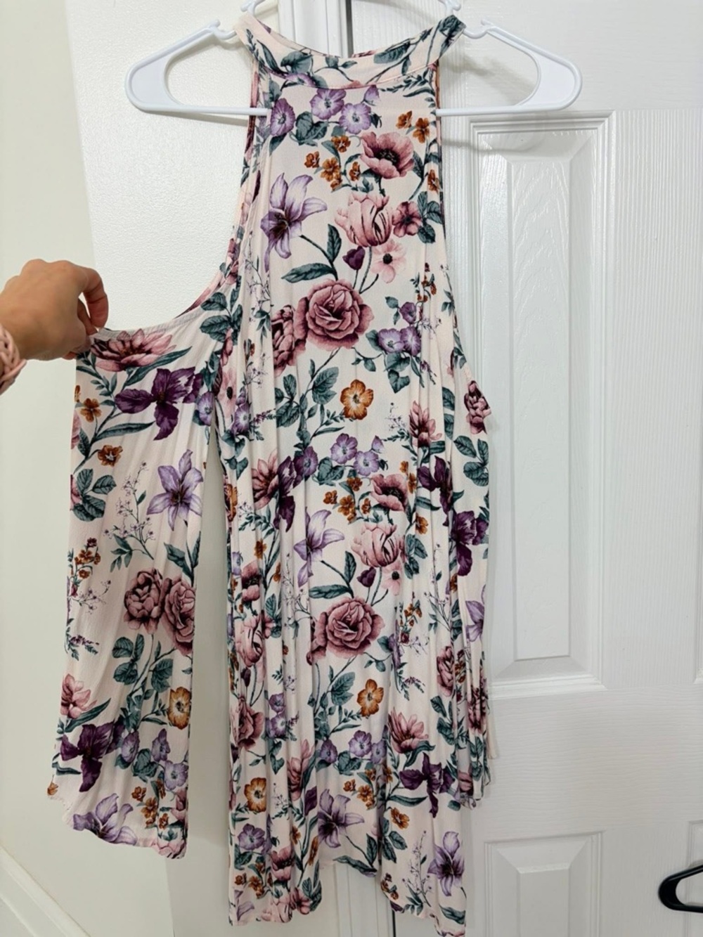 Forever 21 Cream Floral Halter Dress with Purple & Green Print